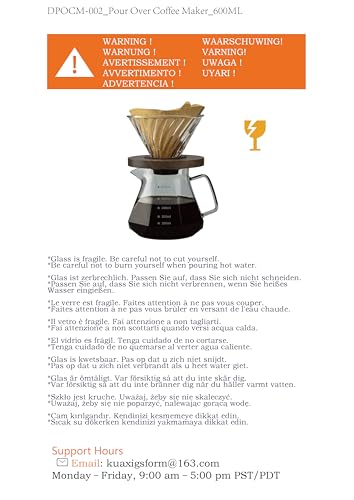 Pour Over Coffee Maker, 20 oz Borosilicate Glass Carafe with 100 pcs V60 Paper Filter by Gsform, Walnut Handle & Glass Lid, Drip Coffee Maker for Home Café Restaurant Camping, 600 ml, Clear