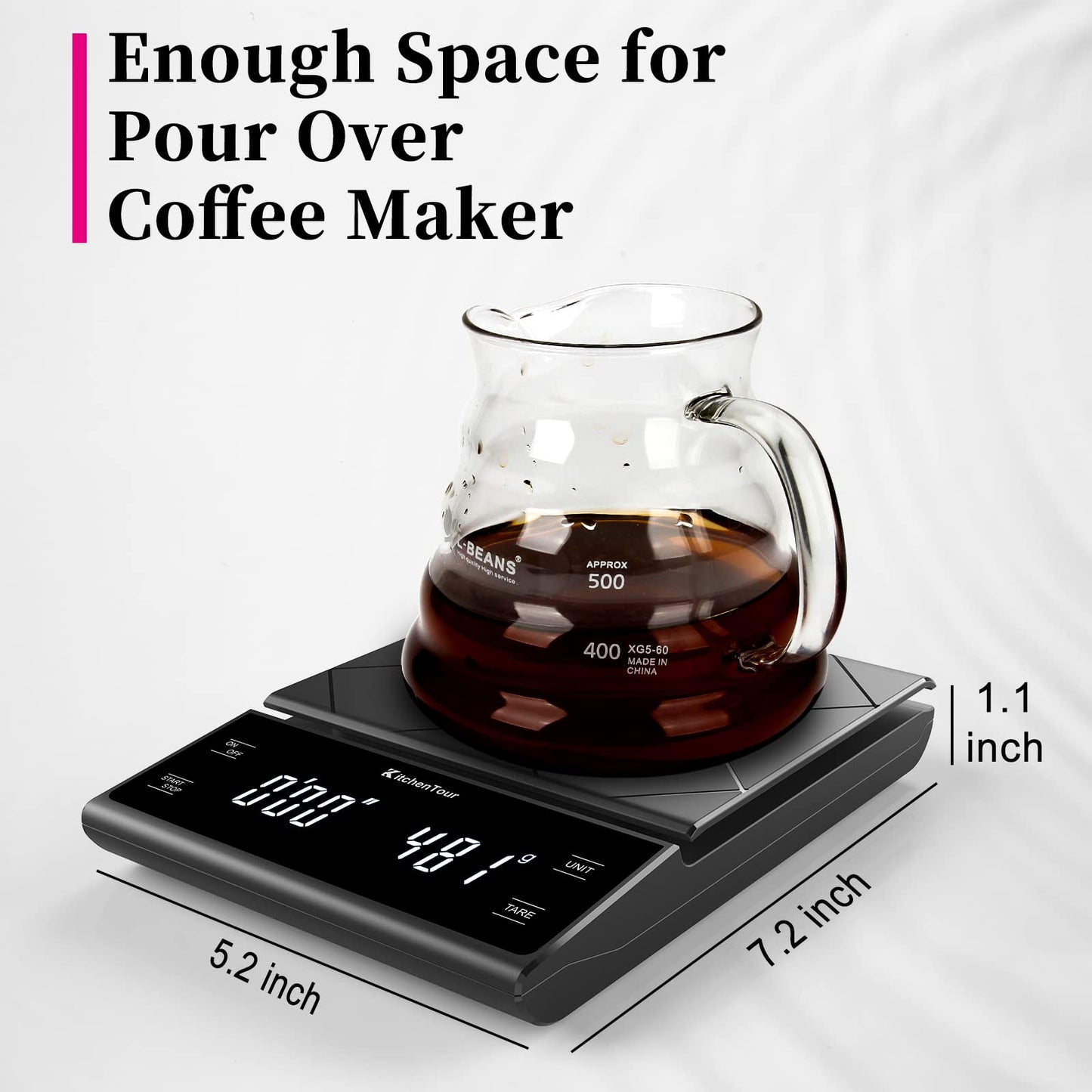 KitchenTour CaféMetric Coffee Scale with Timer 0.1g/2000g - Precision Scale for Espresso & Pour Over - Water Flow Speed Mode and Coffee Powder-to-Liquid Ratio Mode - Rechargeable, LCD Display