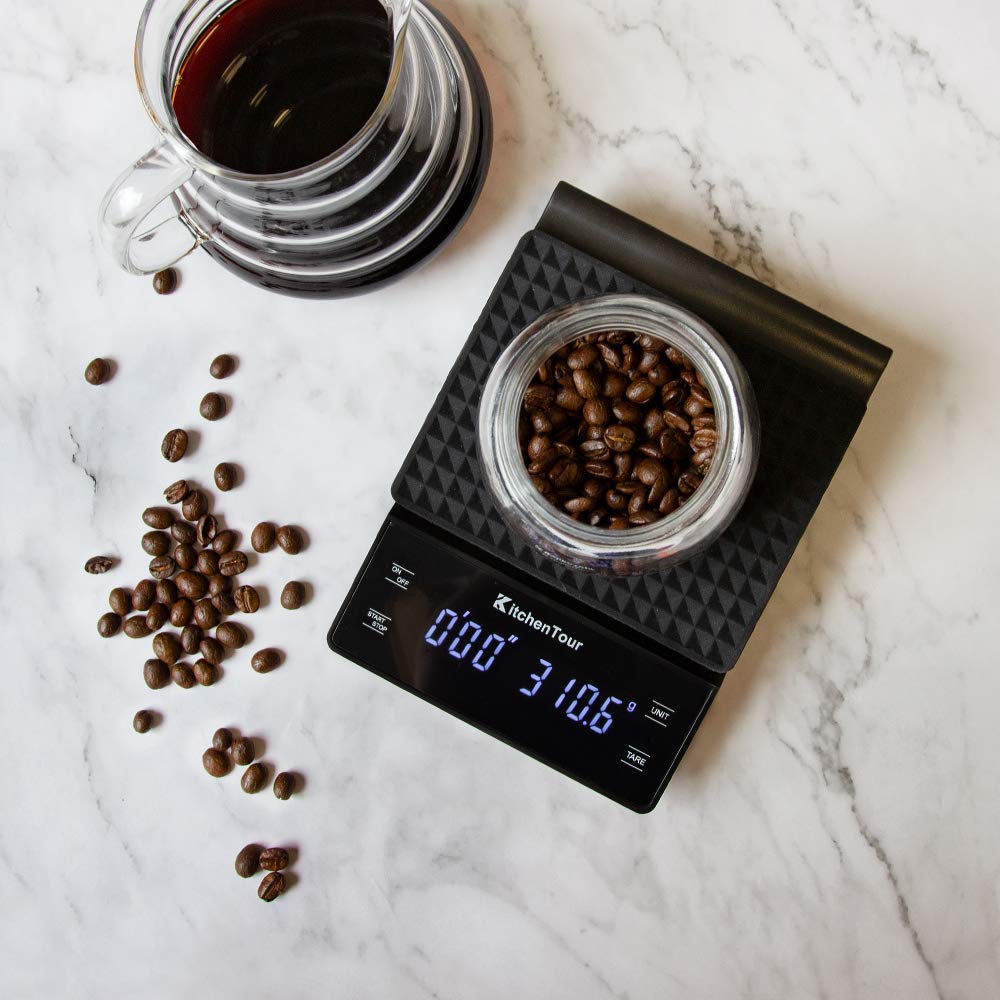 KitchenTour CaféMetric Coffee Scale with Timer 0.1g/2000g - Precision Scale for Espresso & Pour Over - Water Flow Speed Mode and Coffee Powder-to-Liquid Ratio Mode - Rechargeable, LCD Display