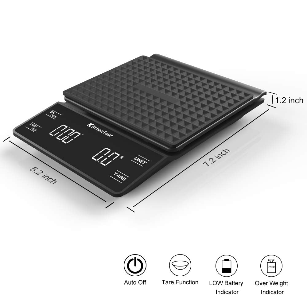 KitchenTour CaféMetric Coffee Scale with Timer 0.1g/2000g - Precision Scale for Espresso & Pour Over - Water Flow Speed Mode and Coffee Powder-to-Liquid Ratio Mode - Rechargeable, LCD Display