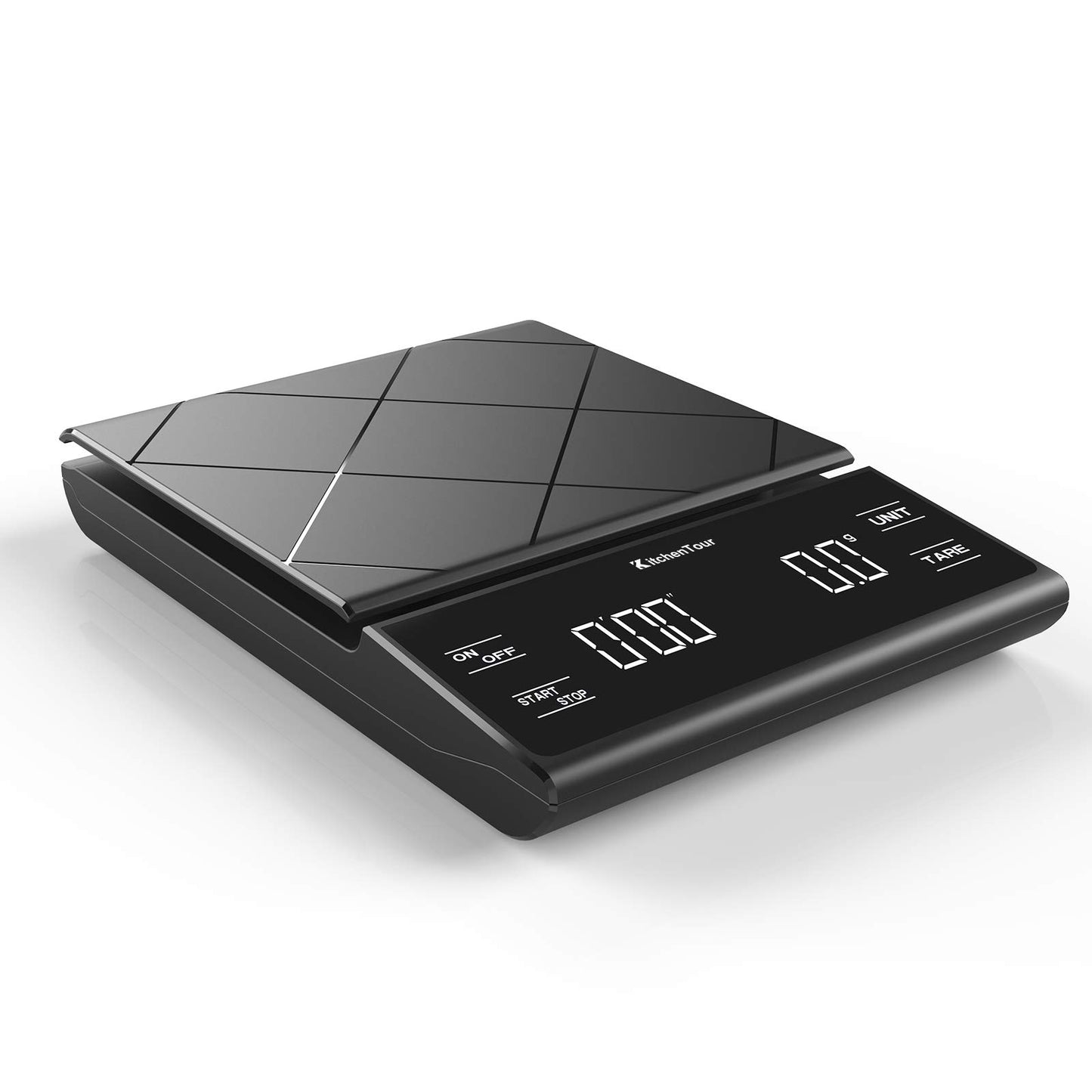 KitchenTour CaféMetric Coffee Scale with Timer 0.1g/2000g - Precision Scale for Espresso & Pour Over - Water Flow Speed Mode and Coffee Powder-to-Liquid Ratio Mode - Rechargeable, LCD Display