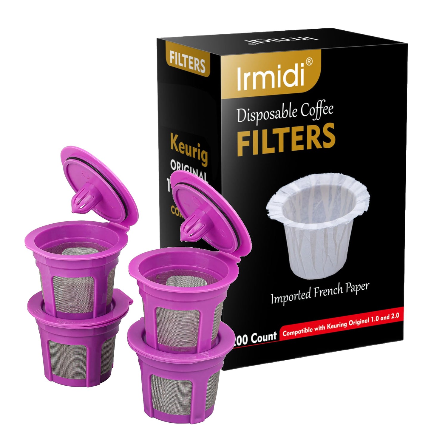 Disposable Coffee Paper Filter 300 Count with 2 Pack Reusable K Cup Coffee Pods,Compatible with Keurig Single Serve Coffee Maker 2.0 & 1.0