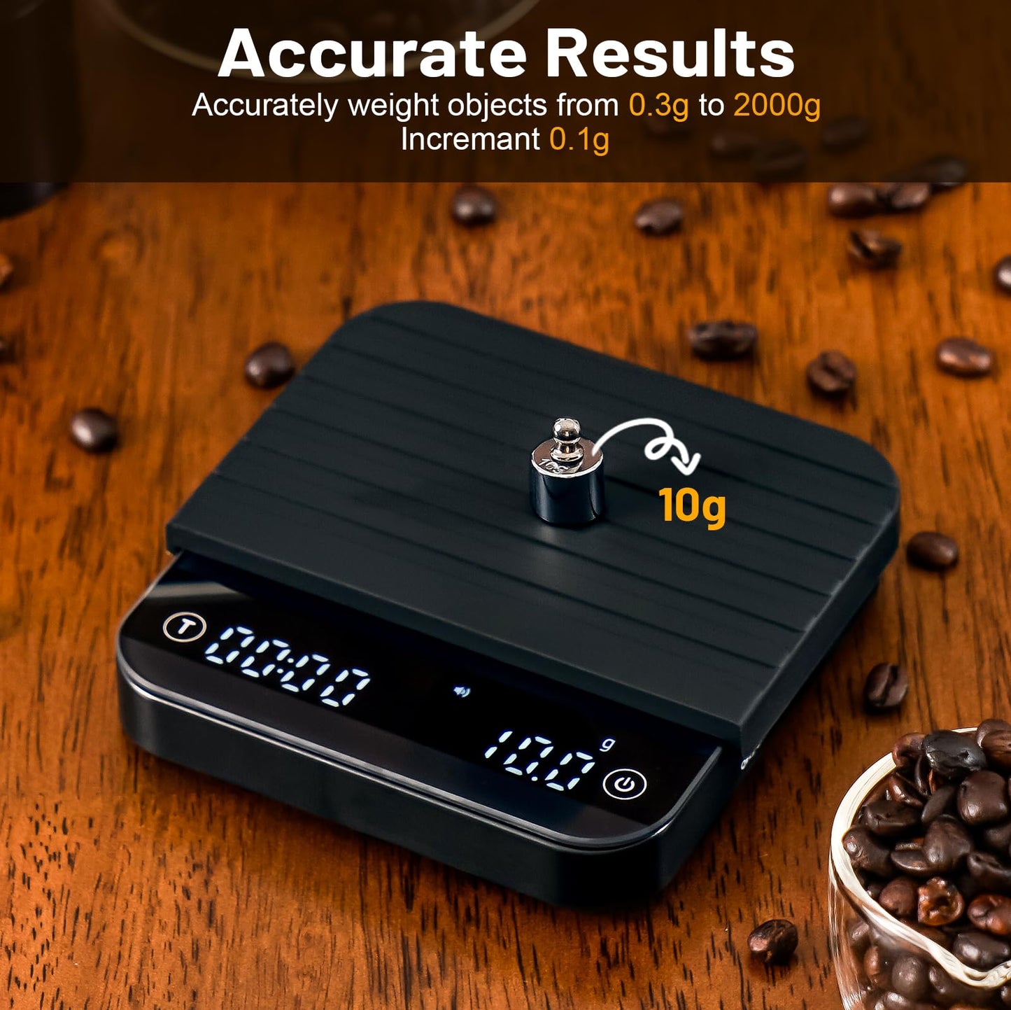KitchenTour CaféMetric Coffee Scale with Timer 0.1g/2000g - Precision Scale for Espresso & Pour Over - Water Flow Speed Mode and Coffee Powder-to-Liquid Ratio Mode - Rechargeable, LCD Display