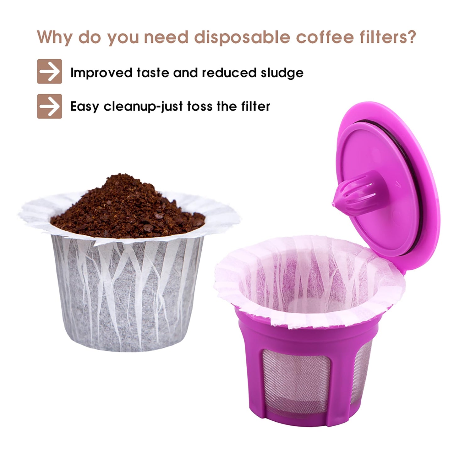Disposable Coffee Paper Filter 300 Count with 2 Pack Reusable K Cup Coffee Pods,Compatible with Keurig Single Serve Coffee Maker 2.0 & 1.0