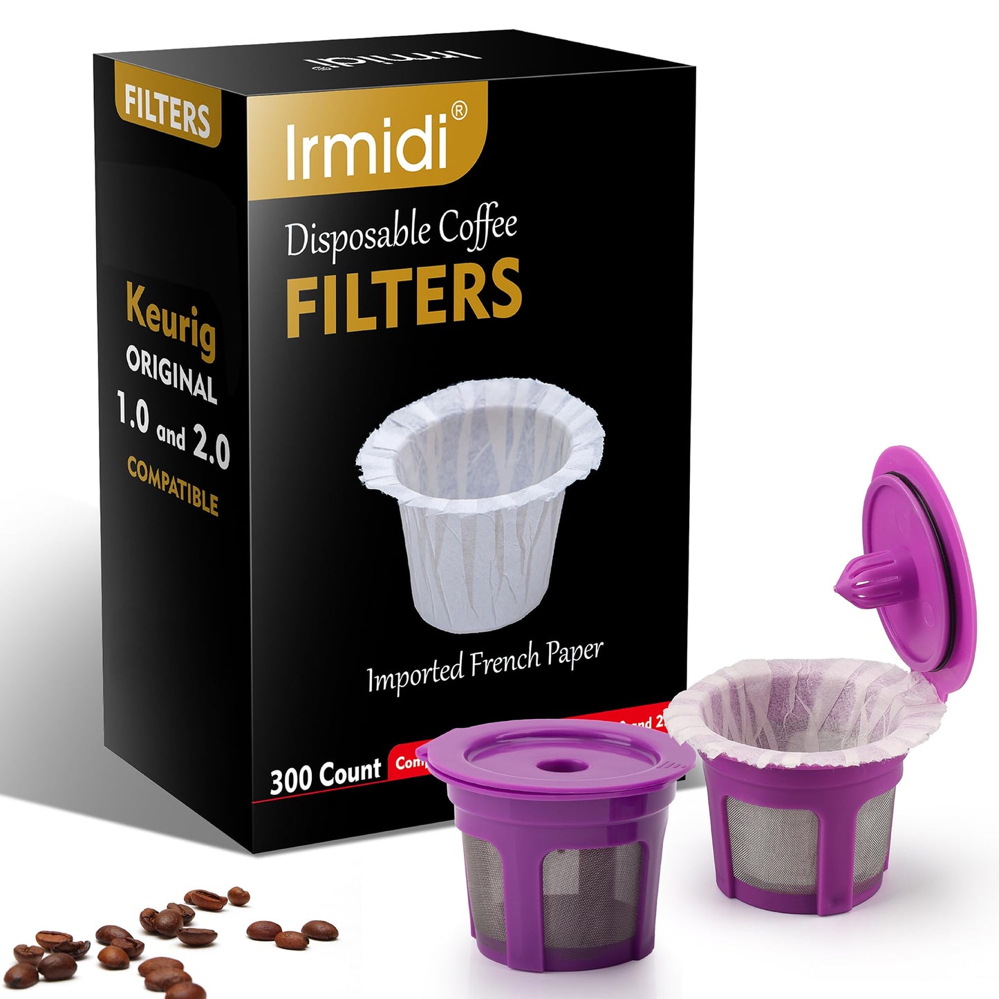 Disposable Coffee Paper Filter 300 Count with 2 Pack Reusable K Cup Coffee Pods,Compatible with Keurig Single Serve Coffee Maker 2.0 & 1.0