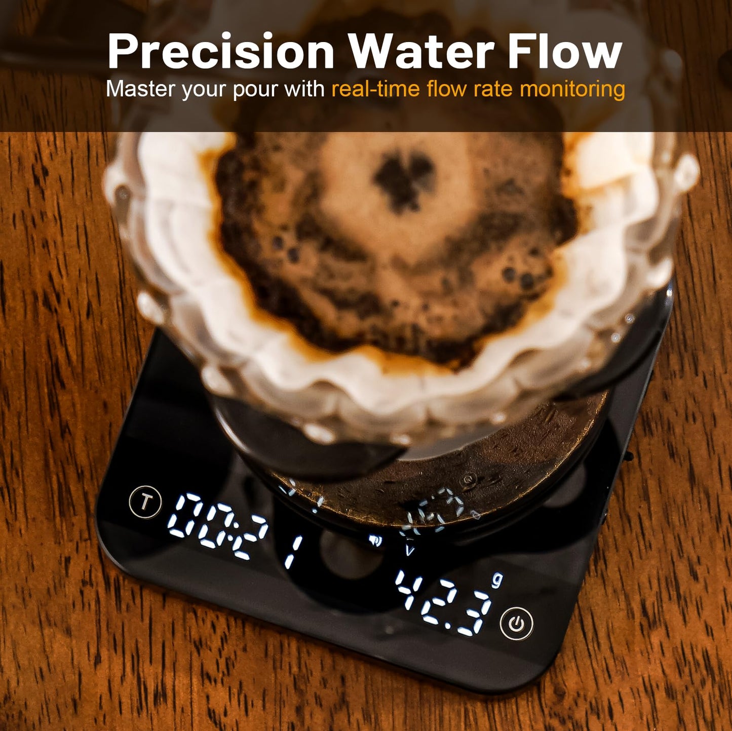 KitchenTour CaféMetric Coffee Scale with Timer 0.1g/2000g - Precision Scale for Espresso & Pour Over - Water Flow Speed Mode and Coffee Powder-to-Liquid Ratio Mode - Rechargeable, LCD Display