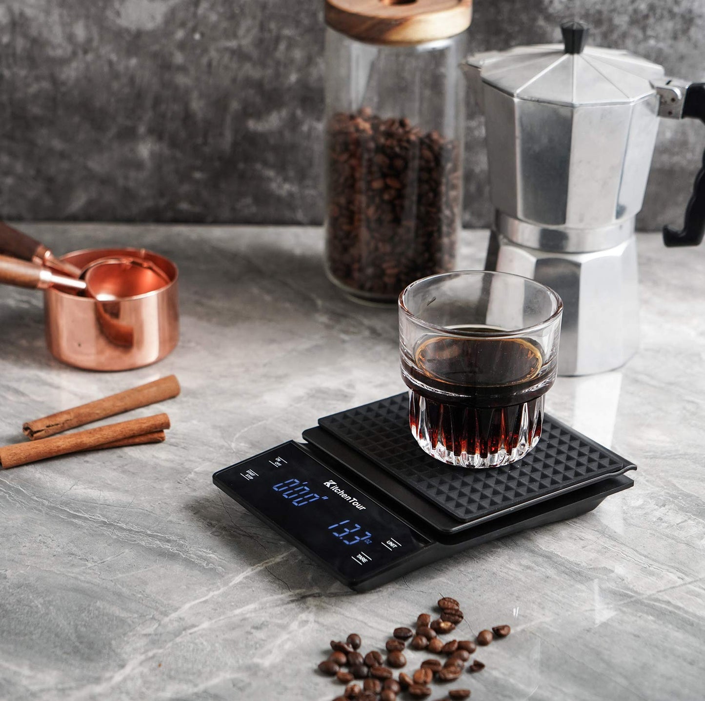 KitchenTour CaféMetric Coffee Scale with Timer 0.1g/2000g - Precision Scale for Espresso & Pour Over - Water Flow Speed Mode and Coffee Powder-to-Liquid Ratio Mode - Rechargeable, LCD Display