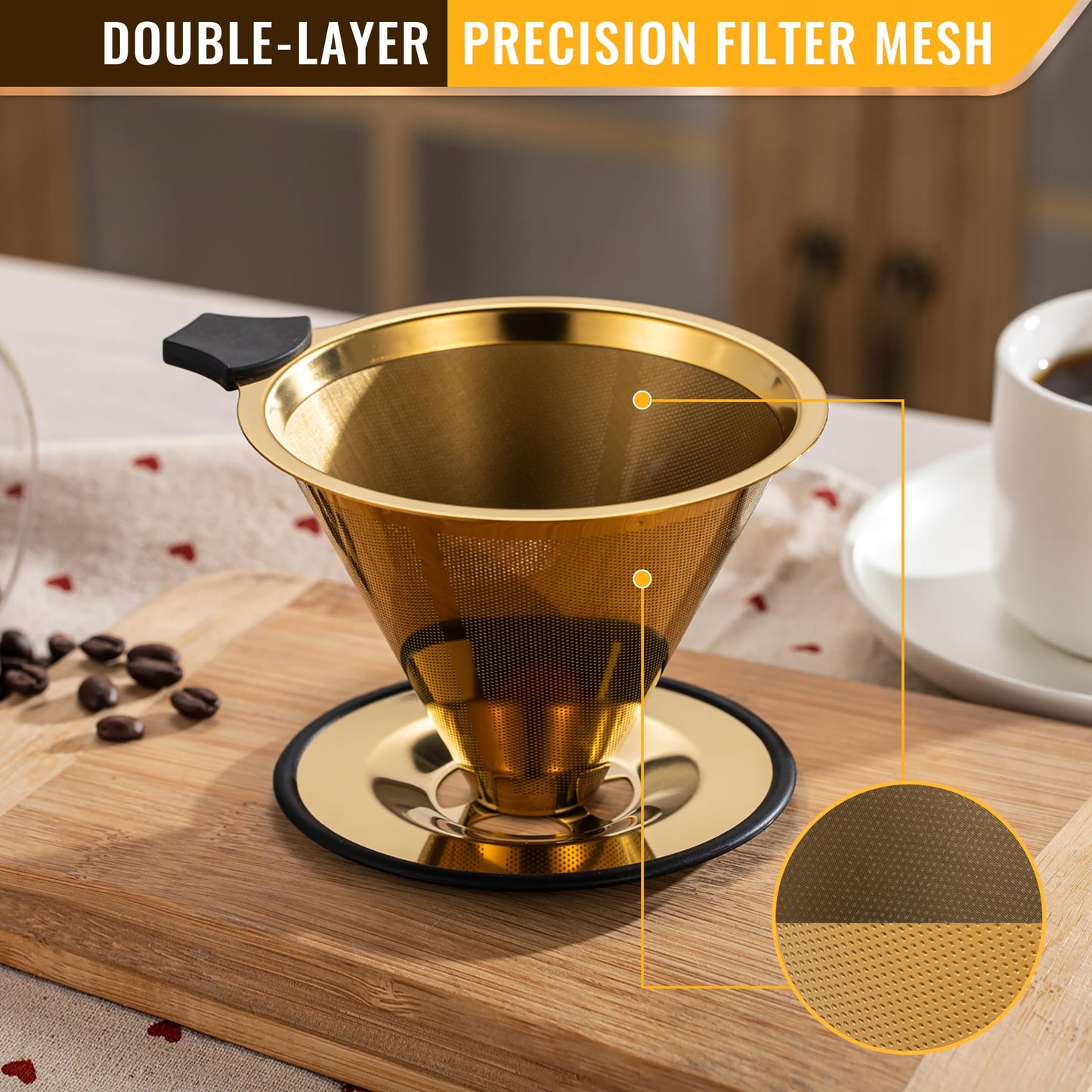 Pour Over Coffee Dripper INSINTAR Stainless Steel Drip Cone Brew Coffee Filter, Reusable Metal Coffee Strainer With Non-Slip Ring&Handle Paperless Pour Over Coffee Maker 1-4 Cup(Titanium Copper)