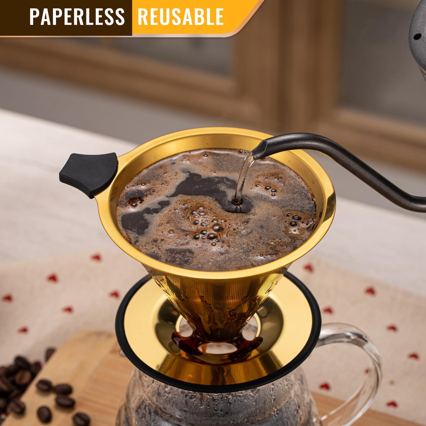 Pour Over Coffee Dripper INSINTAR Stainless Steel Drip Cone Brew Coffee Filter, Reusable Metal Coffee Strainer With Non-Slip Ring&Handle Paperless Pour Over Coffee Maker 1-4 Cup(Titanium Copper)