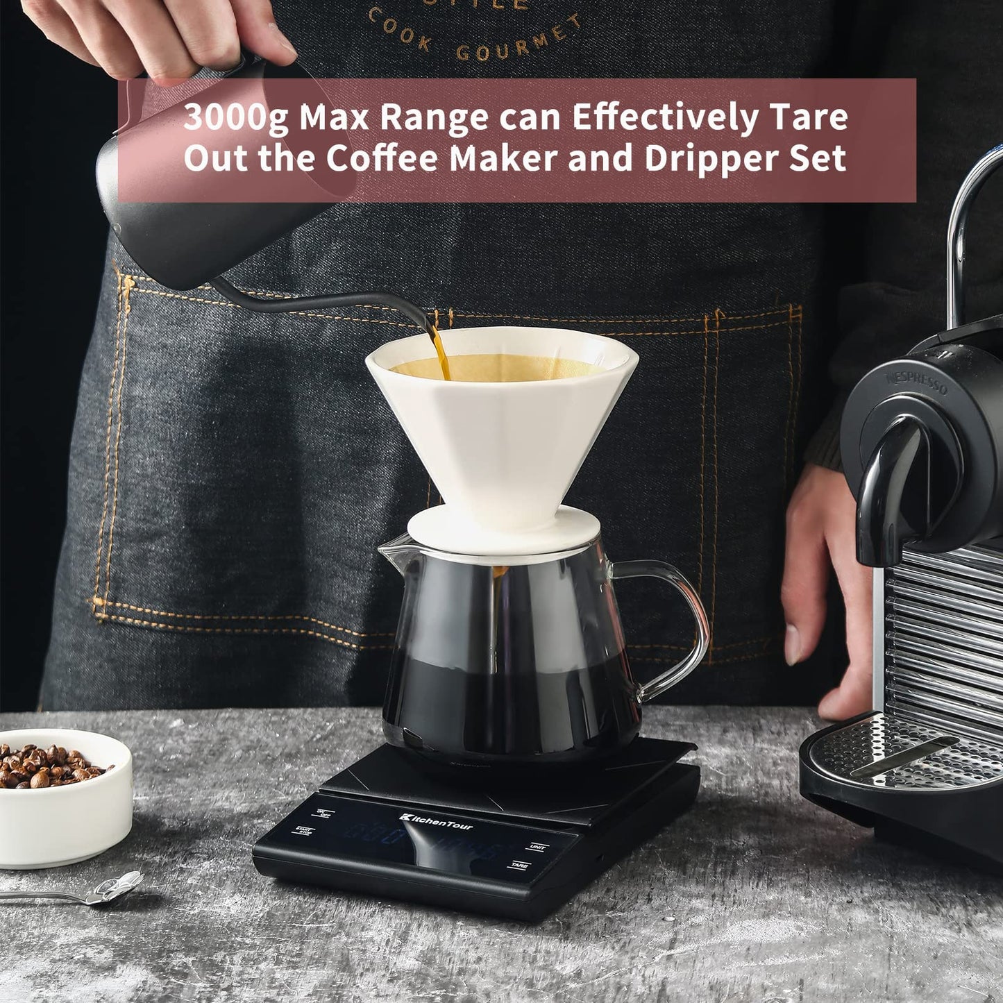 KitchenTour CaféMetric Coffee Scale with Timer 0.1g/2000g - Precision Scale for Espresso & Pour Over - Water Flow Speed Mode and Coffee Powder-to-Liquid Ratio Mode - Rechargeable, LCD Display