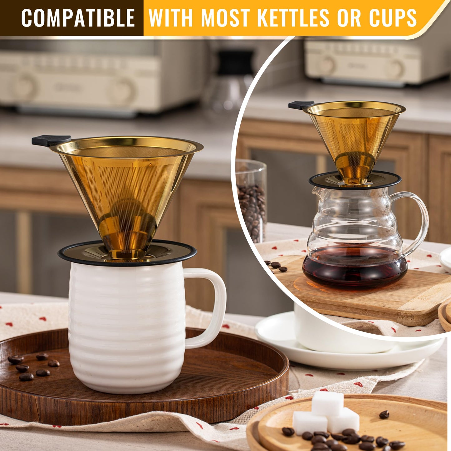 Pour Over Coffee Dripper INSINTAR Stainless Steel Drip Cone Brew Coffee Filter, Reusable Metal Coffee Strainer With Non-Slip Ring&Handle Paperless Pour Over Coffee Maker 1-4 Cup(Titanium Copper)