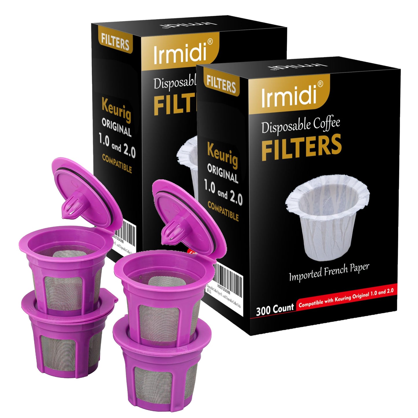 Disposable Coffee Paper Filter 300 Count with 2 Pack Reusable K Cup Coffee Pods,Compatible with Keurig Single Serve Coffee Maker 2.0 & 1.0