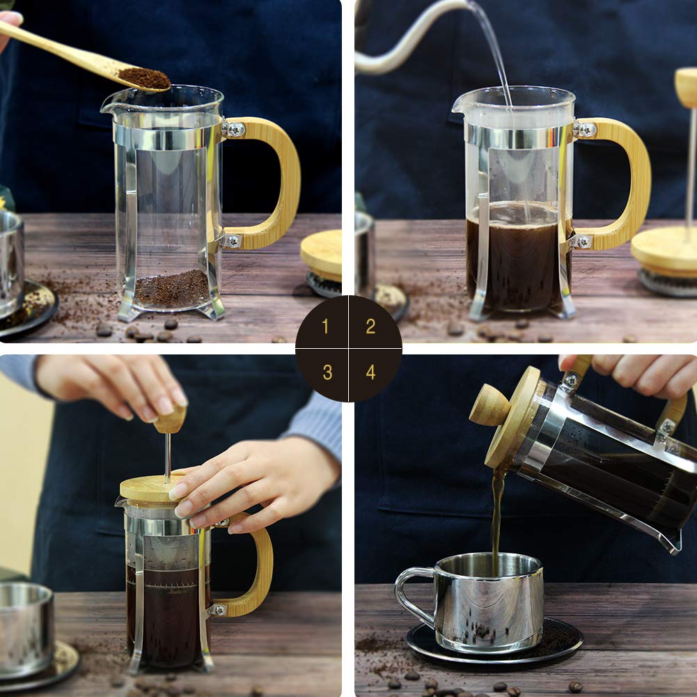 Sivaphe 34 OZ Bamboo French Press Stainless Steel High Borosilicate Glass 1000ML Espresso/Tea Maker Coffee Serving Sets, Gift Choice for Coffee Lover