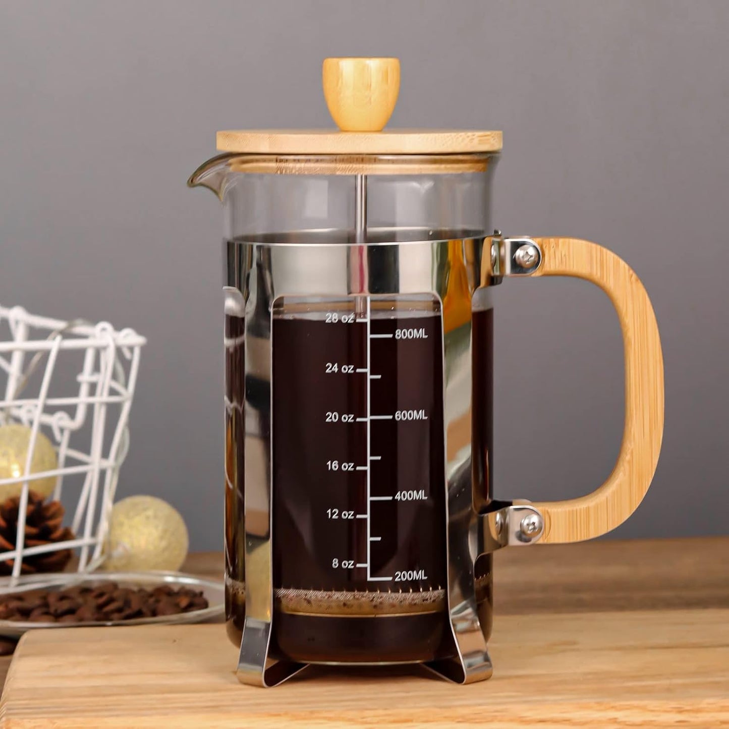 Sivaphe 34 OZ Bamboo French Press Stainless Steel High Borosilicate Glass 1000ML Espresso/Tea Maker Coffee Serving Sets, Gift Choice for Coffee Lover