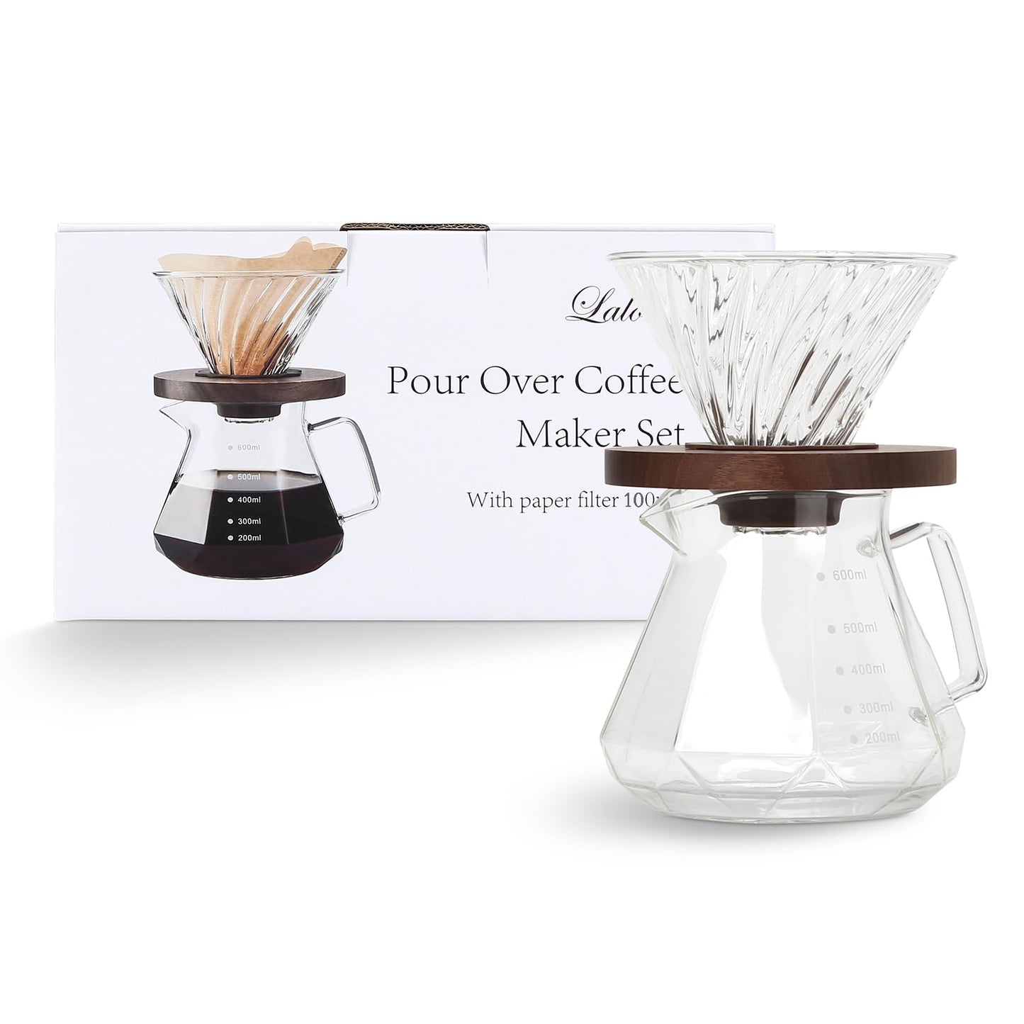 Pour Over Coffee Maker, 20 oz Borosilicate Glass Carafe with 100 pcs V60 Paper Filter by Gsform, Walnut Handle & Glass Lid, Drip Coffee Maker for Home Café Restaurant Camping, 600 ml, Clear