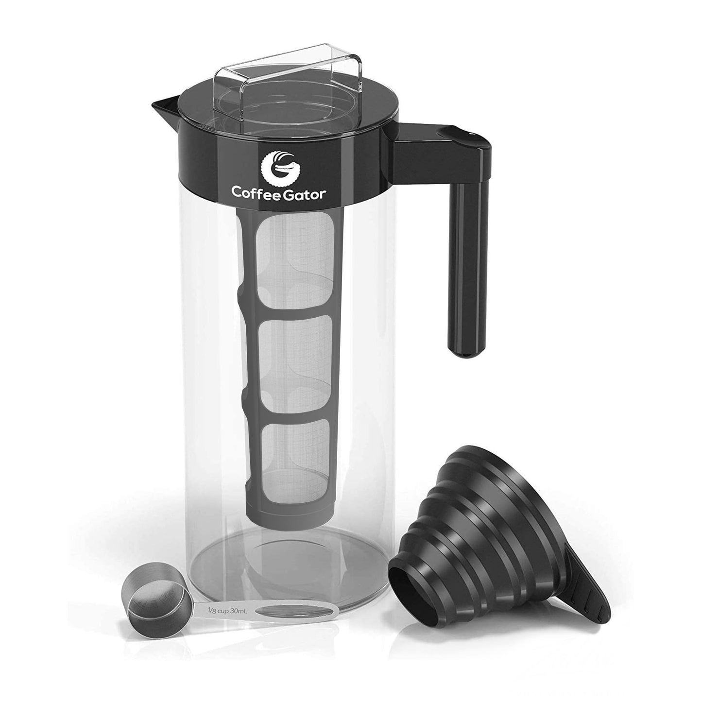 Coffee Gator Cold Brew Coffee Maker - 47 oz Iced Tea and Cold Brew Maker and Pitcher w/Glass Carafe, Filter, Funnel & Measuring Scoop - Black