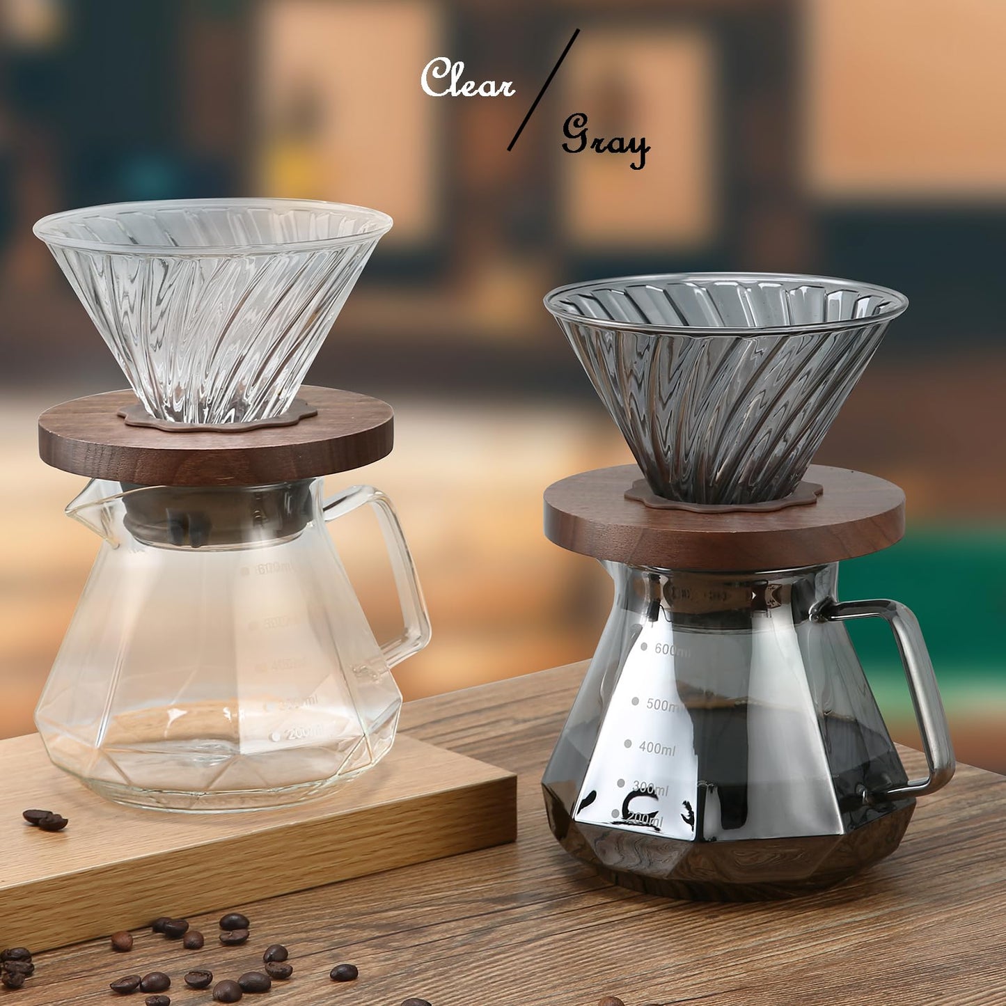 Pour Over Coffee Maker, 20 oz Borosilicate Glass Carafe with 100 pcs V60 Paper Filter by Gsform, Walnut Handle & Glass Lid, Drip Coffee Maker for Home Café Restaurant Camping, 600 ml, Clear
