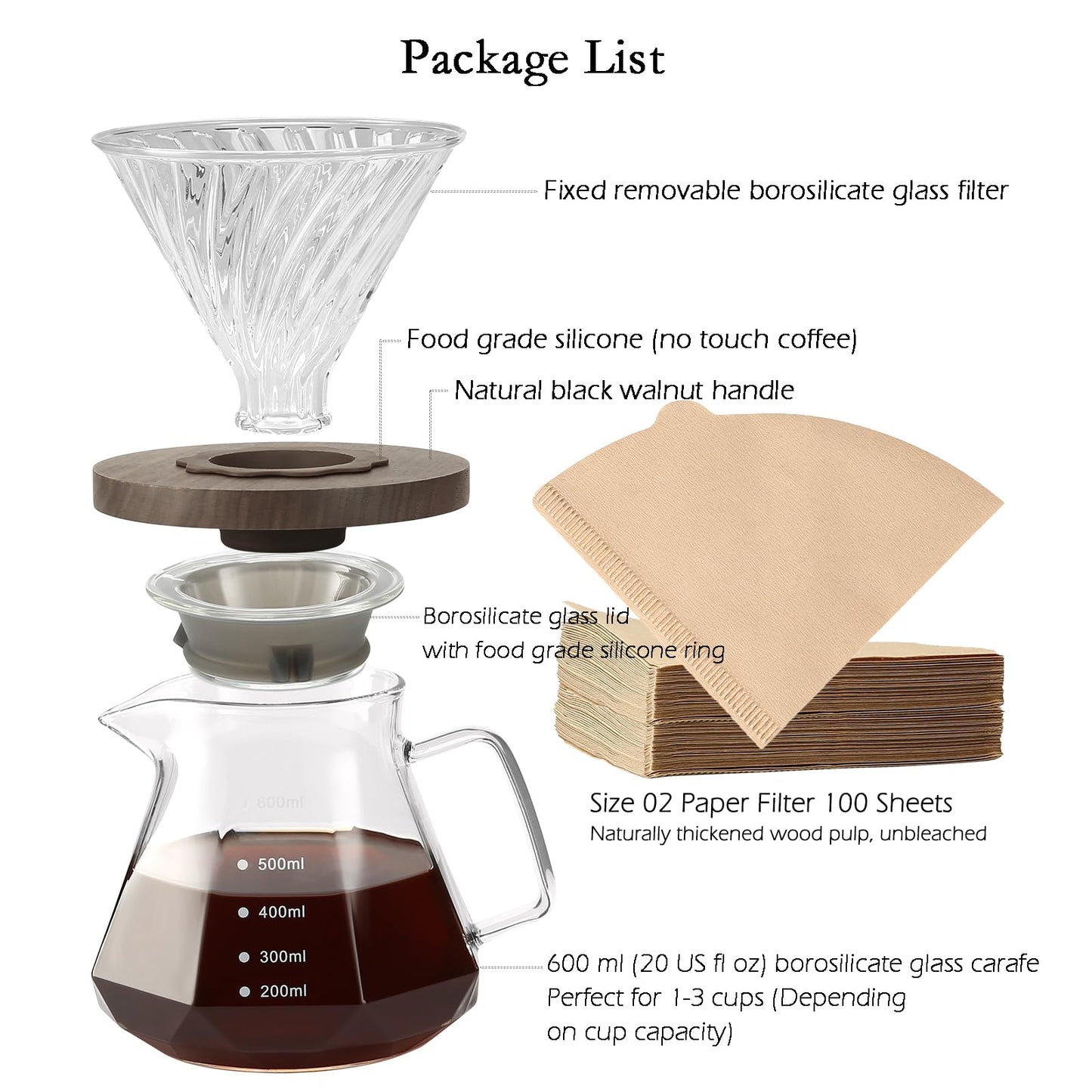 Pour Over Coffee Maker, 20 oz Borosilicate Glass Carafe with 100 pcs V60 Paper Filter by Gsform, Walnut Handle & Glass Lid, Drip Coffee Maker for Home Café Restaurant Camping, 600 ml, Clear