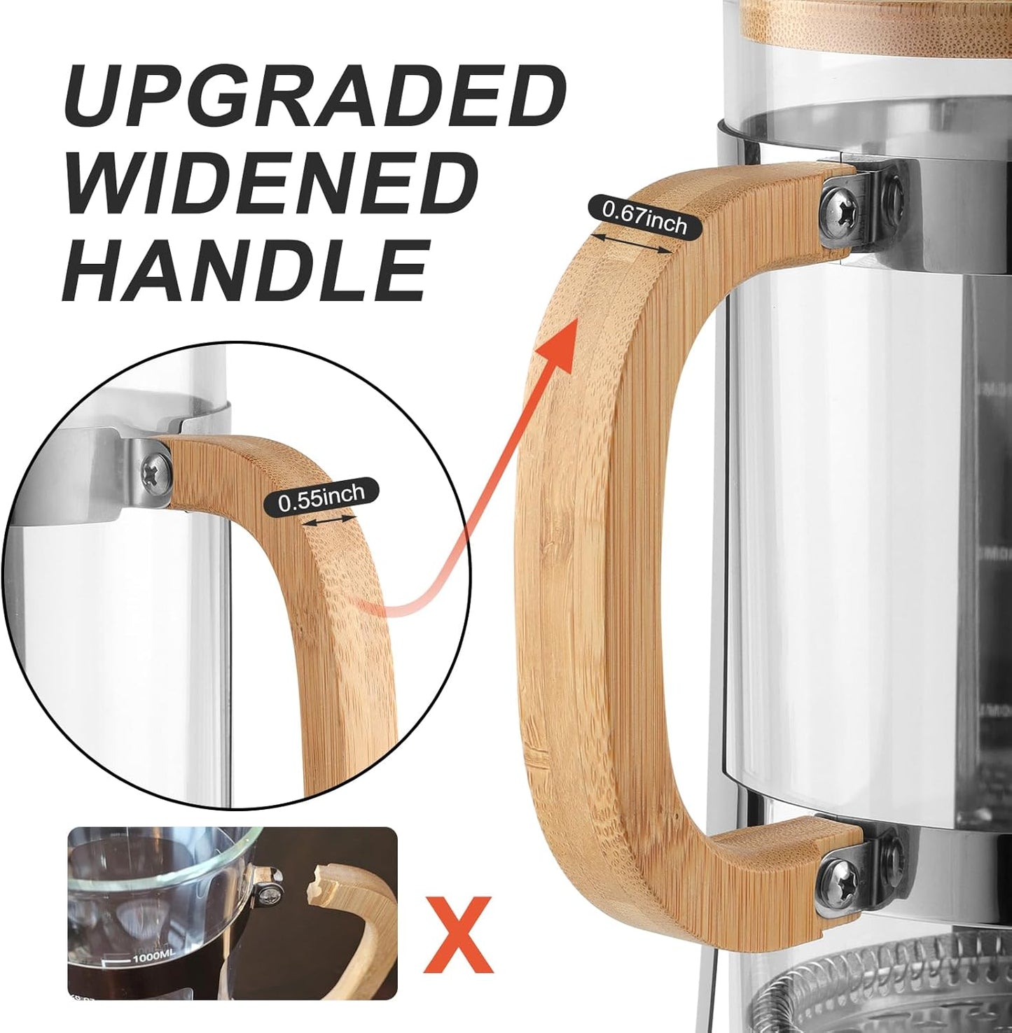 Sivaphe 34 OZ Bamboo French Press Stainless Steel High Borosilicate Glass 1000ML Espresso/Tea Maker Coffee Serving Sets, Gift Choice for Coffee Lover