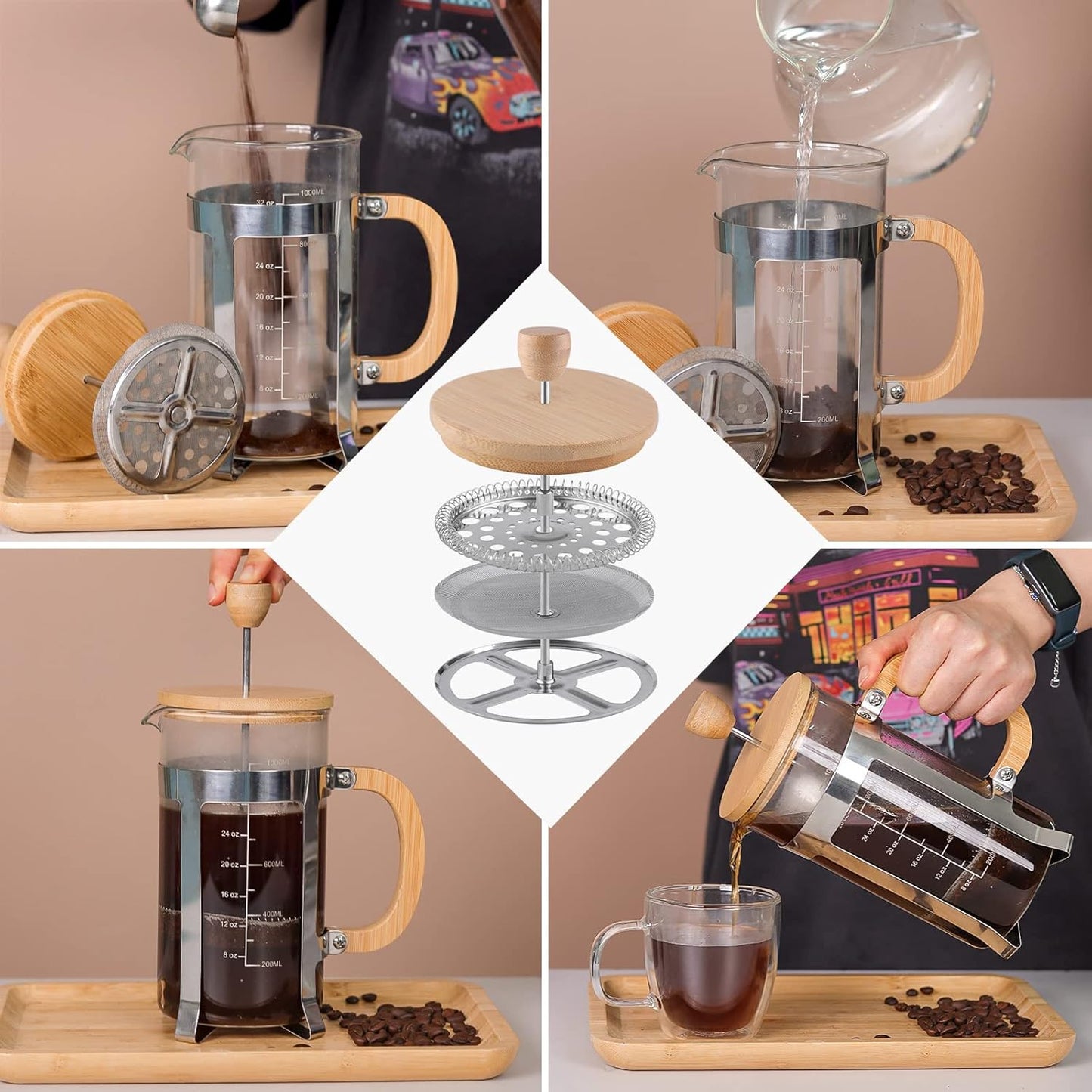 Sivaphe 34 OZ Bamboo French Press Stainless Steel High Borosilicate Glass 1000ML Espresso/Tea Maker Coffee Serving Sets, Gift Choice for Coffee Lover