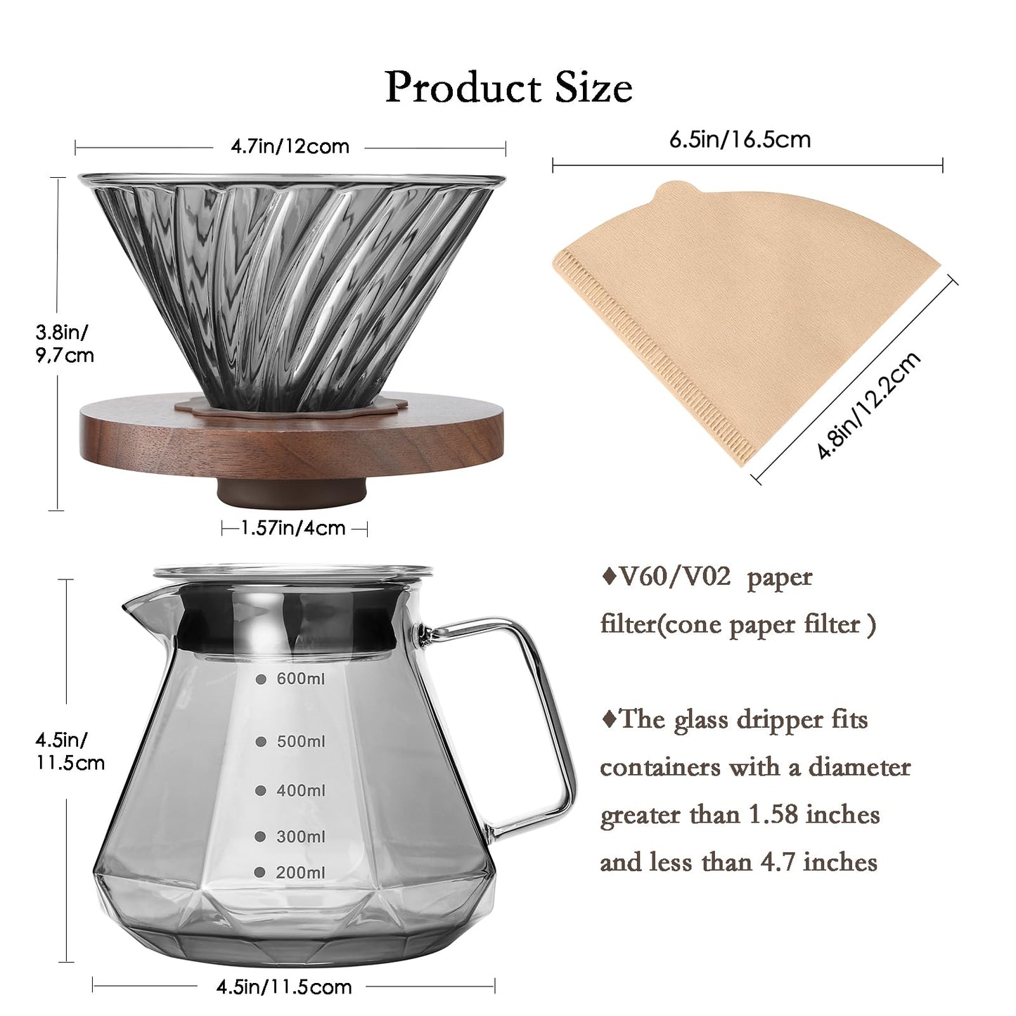 Pour Over Coffee Maker, 20 oz Borosilicate Glass Carafe with 100 pcs V60 Paper Filter by Gsform, Walnut Handle & Glass Lid, Drip Coffee Maker for Home Café Restaurant Camping, 600 ml, Clear