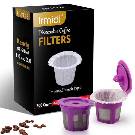 Disposable Coffee Paper Filter 300 Count with 2 Pack Reusable K Cup Coffee Pods,Compatible with Keurig Single Serve Coffee Maker 2.0 & 1.0