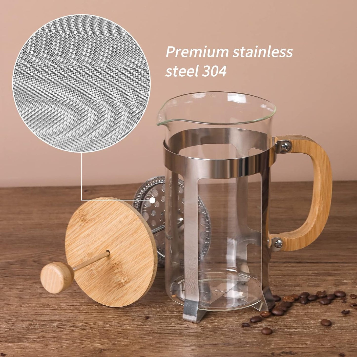 Sivaphe 34 OZ Bamboo French Press Stainless Steel High Borosilicate Glass 1000ML Espresso/Tea Maker Coffee Serving Sets, Gift Choice for Coffee Lover