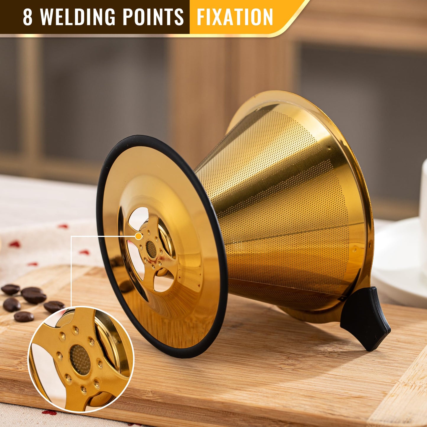 Pour Over Coffee Dripper INSINTAR Stainless Steel Drip Cone Brew Coffee Filter, Reusable Metal Coffee Strainer With Non-Slip Ring&Handle Paperless Pour Over Coffee Maker 1-4 Cup(Titanium Copper)