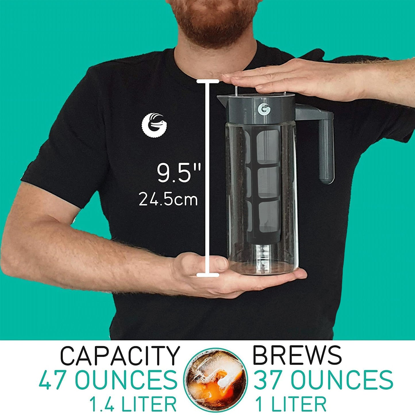 Coffee Gator Cold Brew Coffee Maker - 47 oz Iced Tea and Cold Brew Maker and Pitcher w/Glass Carafe, Filter, Funnel & Measuring Scoop - Black